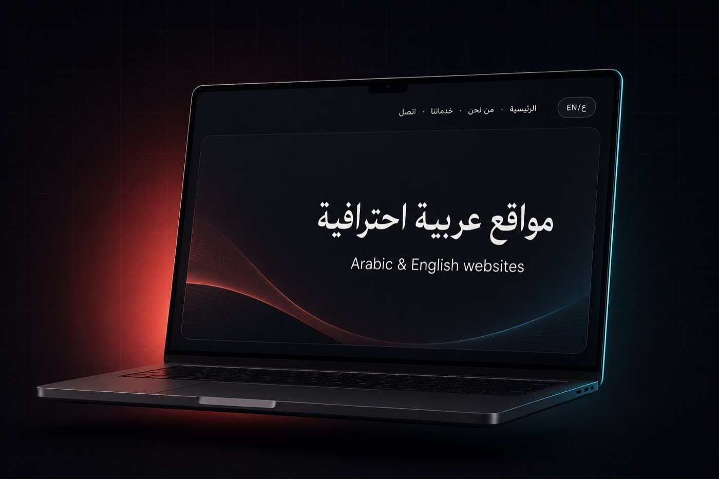 Arabic and bilingual website mockup on a laptop with the Arabic headline مواقع عربية احترافية and an EN/ع language toggle